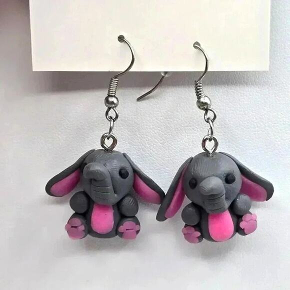Gray Elephant Floppy Ears Dangle Hook Earrings Boho Fashion Jewelry - Picture 1 of 5